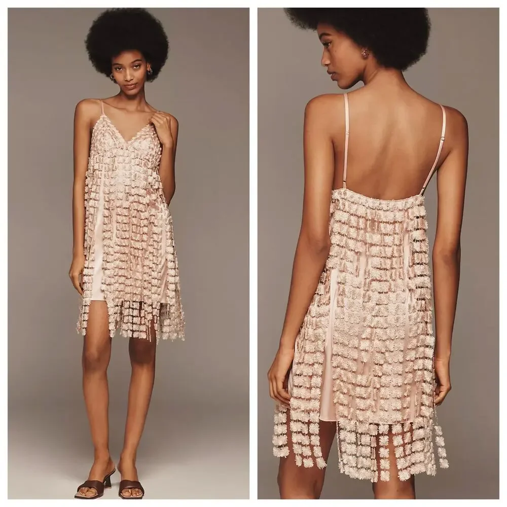 Saylor Floral Fringe Textured Mini Dress Small Blush Pink Fringe NWT Anthro